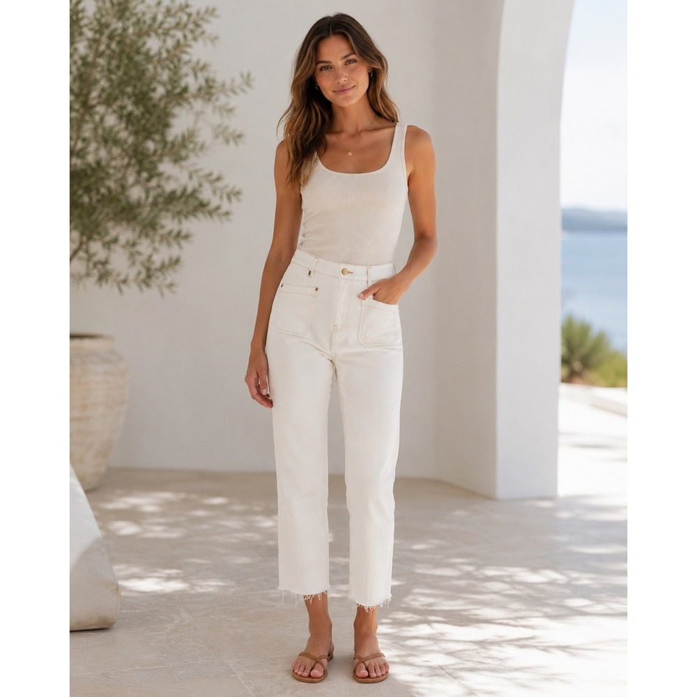 Zara Clean Girl Coastal Granddaughter Straight Leg Jeans Ecru Raw Hem Size 4